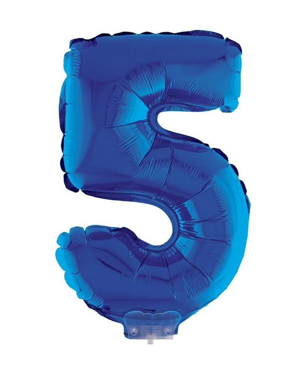 Feestbazaar Folieballon Klein Cijfer '5' Blauw Met stokje (41cm)