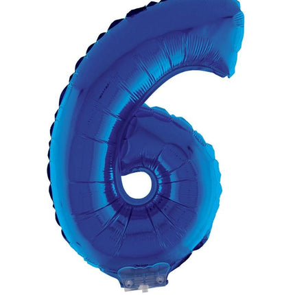 Feestbazaar Folieballon Klein Cijfer '6' Blauw Met Stokje (41cm)