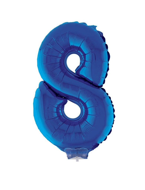 Feestbazaar Folieballon Klein Cijfer '8' Blauw Met Stokje (41cm)