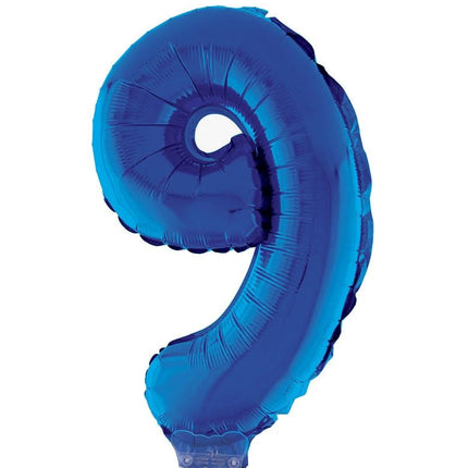 Feestbazaar Folieballon Klein Cijfer '9' Blauw Met Stokje (41cm)