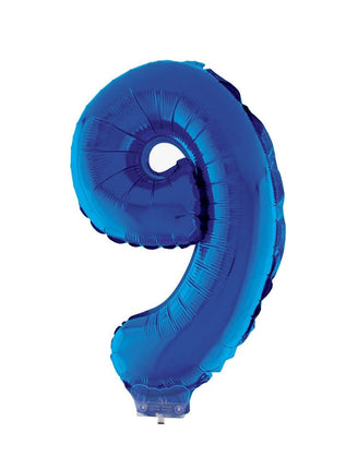 Feestbazaar Folieballon Klein Cijfer '9' Blauw Met Stokje (41cm)