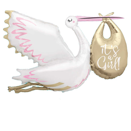 Feestbazaar Folieballon Ooievaar 'It's a Girl' Jumbo (157cm)