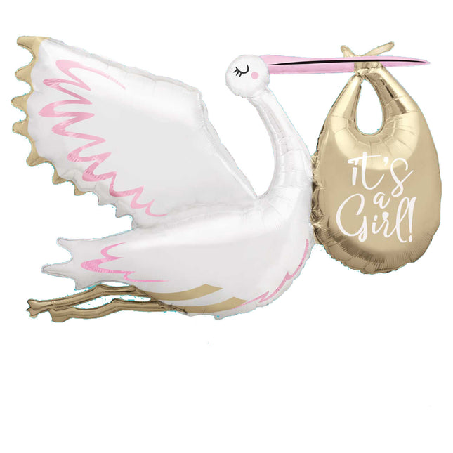 Feestbazaar Folieballon Ooievaar 'It's a Girl' Jumbo (157cm)