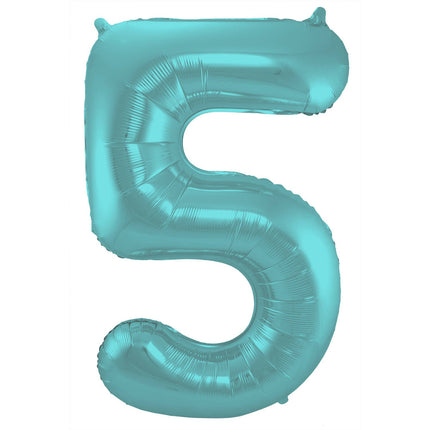 Feestbazaar Folieballon Pastel Aqua Metallic Mat Cijfer 5 - 86cm