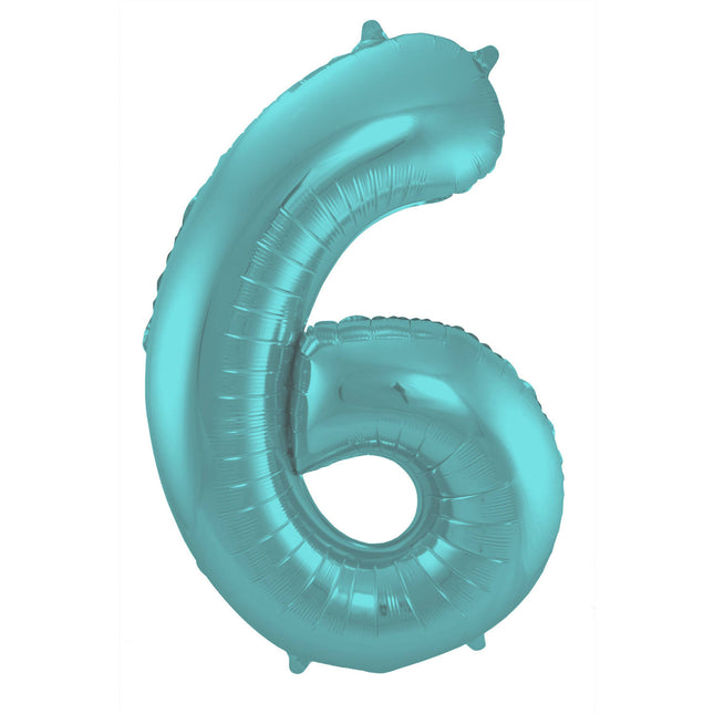 Feestbazaar Folieballon Pastel Aqua Metallic Mat Cijfer 6 - 86cm