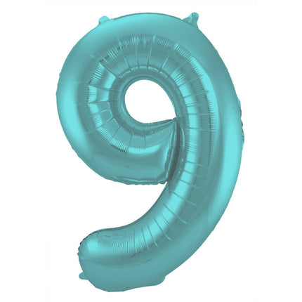 Feestbazaar Folieballon Pastel Aqua Metallic Mat Cijfer 9 - 86cm