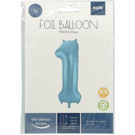 Feestbazaar Folieballon Pastel Blauw Metallic Mat Cijfer 1 (86cm)