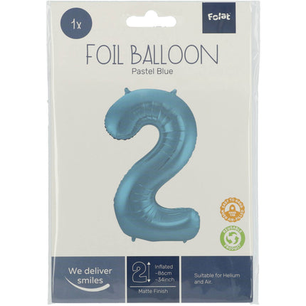 Feestbazaar Folieballon Pastel Blauw Metallic Mat Cijfer 2 (86cm)