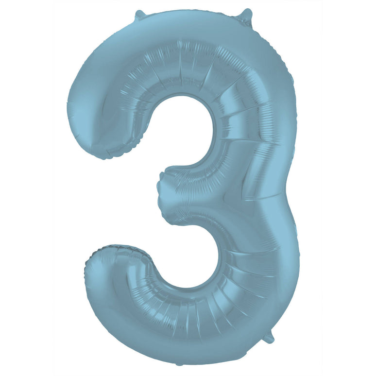 Feestbazaar Folieballon Pastel Blauw Metallic Mat Cijfer 3 (86cm)