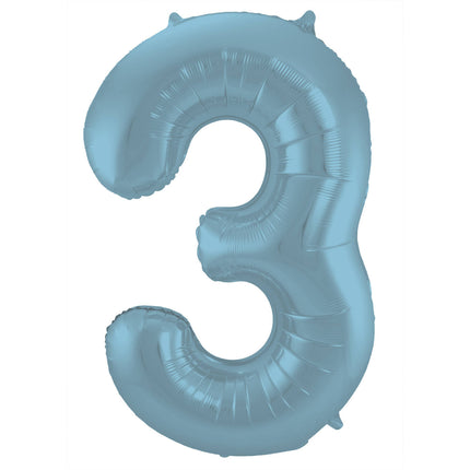 Feestbazaar Folieballon Pastel Blauw Metallic Mat Cijfer 3 (86cm)