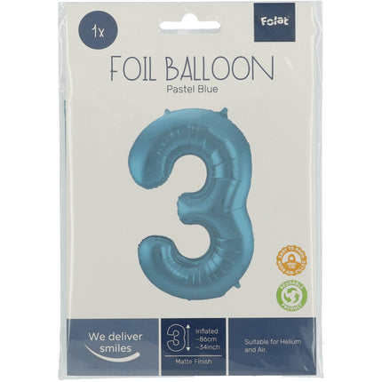 Feestbazaar Folieballon Pastel Blauw Metallic Mat Cijfer 3 (86cm)