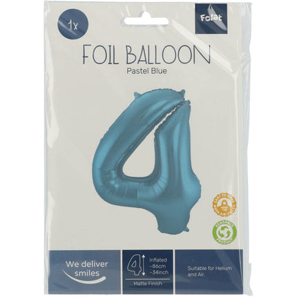 Feestbazaar Folieballon Pastel Blauw Metallic Mat Cijfer 4 (86cm)