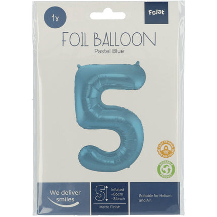 Feestbazaar Folieballon Pastel Blauw Metallic Mat Cijfer 5 (86cm)