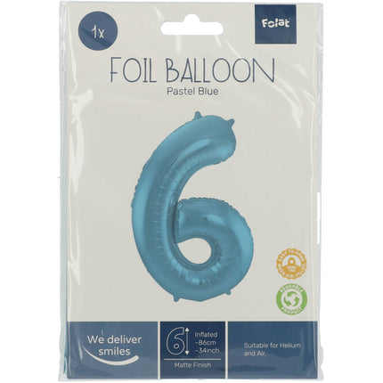 Feestbazaar Folieballon Pastel Blauw Metallic Mat Cijfer 6 (86cm)