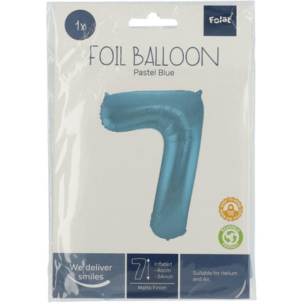 Feestbazaar Folieballon Pastel Blauw Metallic Mat Cijfer 7 (86cm)