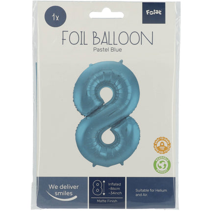 Feestbazaar Folieballon Pastel Blauw Metallic Mat Cijfer 8 (86cm)