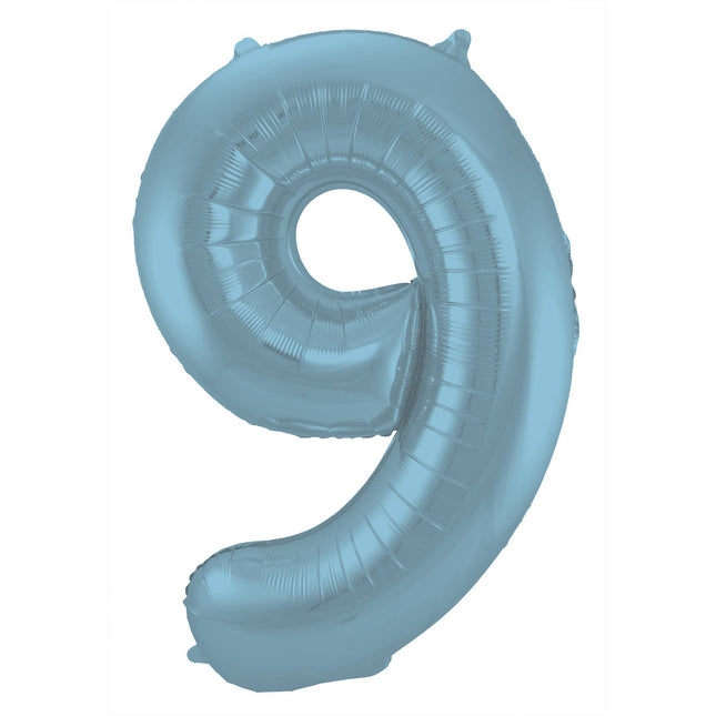 Feestbazaar Folieballon Pastel Blauw Metallic Mat Cijfer 9 (86cm)