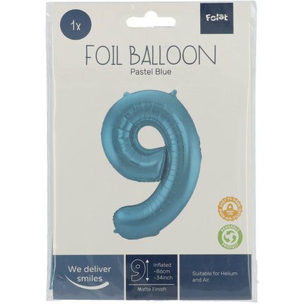 Feestbazaar Folieballon Pastel Blauw Metallic Mat Cijfer 9 (86cm)