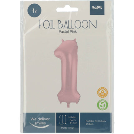 Feestbazaar Folieballon Pastel Roze Metallic Mat Cijfer 1 - 86 cm