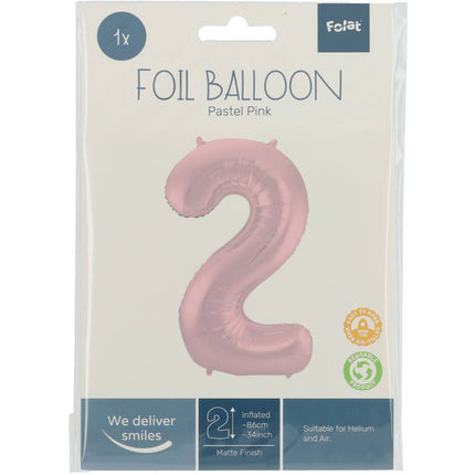 Feestbazaar Folieballon Pastel Roze Metallic Mat Cijfer 2 - 86 cm