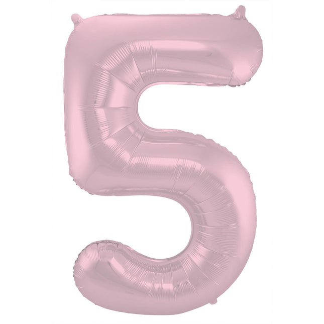 Feestbazaar Folieballon Pastel Roze Metallic Mat Cijfer 5 - 86 cm
