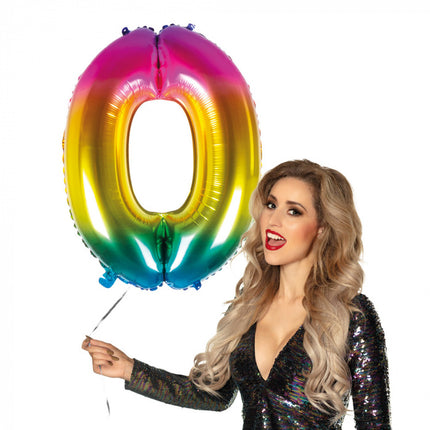 Feestbazaar Folieballon Regenboog Cijfer 0 (86cm)