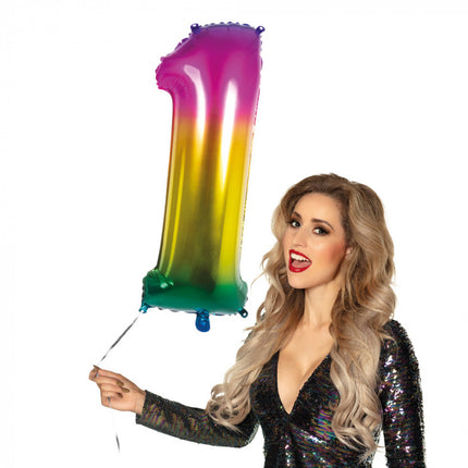 Feestbazaar Folieballon Regenboog Cijfer 1 (86cm)