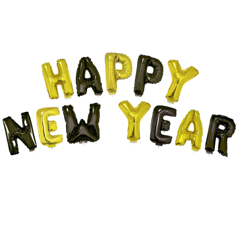 Feestbazaar Folieballon Set 'Happy New Year' Zwart/Goud