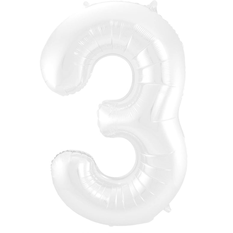 Feestbazaar Folieballon Wit Metallic Mat Cijfer 3 (86cm)