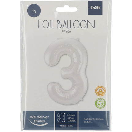 Feestbazaar Folieballon Wit Metallic Mat Cijfer 3 (86cm)
