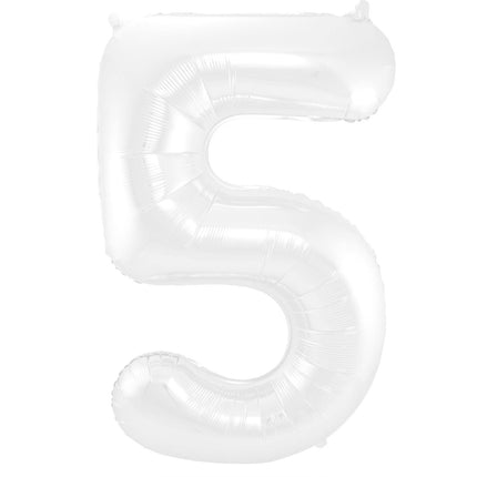 Feestbazaar Folieballon Wit Metallic Mat Cijfer 5 (86cm)