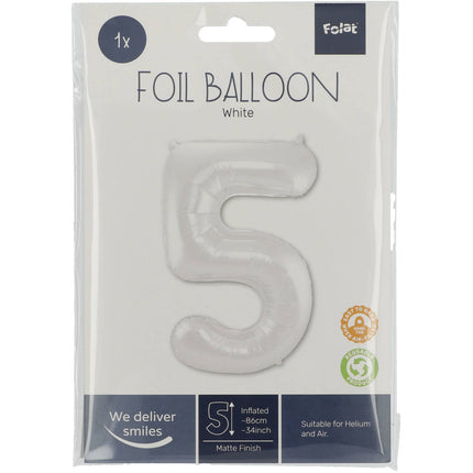 Feestbazaar Folieballon Wit Metallic Mat Cijfer 5 (86cm)