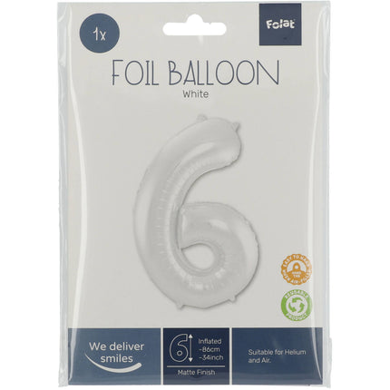 Feestbazaar Folieballon Wit Metallic Mat Cijfer 6 (86cm)