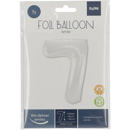 Feestbazaar Folieballon Wit Metallic Mat Cijfer 7 (86cm)