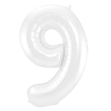 Feestbazaar Folieballon Wit Metallic Mat Cijfer 9 (86cm)