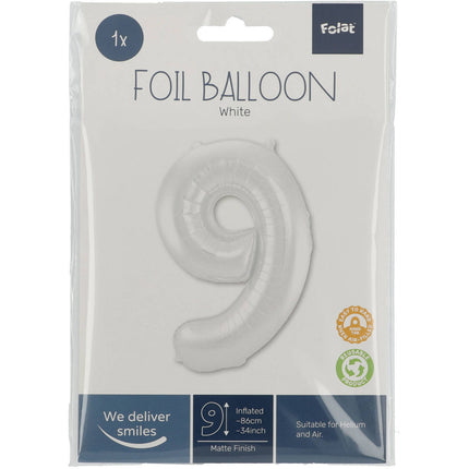 Feestbazaar Folieballon Wit Metallic Mat Cijfer 9 (86cm)
