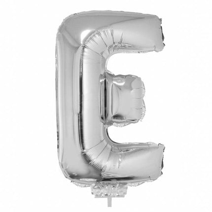 Feestbazaar Folieballon zilver letter 'E' met rietje