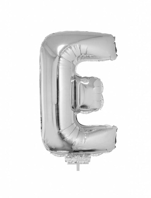 Feestbazaar Folieballon zilver letter 'E' met rietje