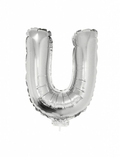 Feestbazaar Folieballon zilver letter 'U' met rietje