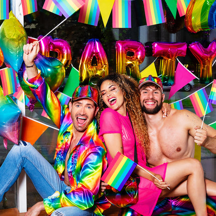 Feestbazaar Folieballonslinger 'PARTY' Metallic Regenboog (3m)