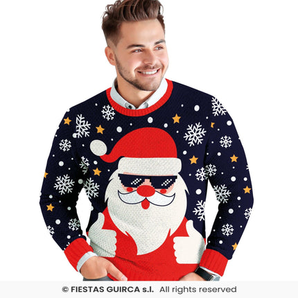 Feestbazaar Foute Kerst Sweater Cool Santa Blauw Heren
