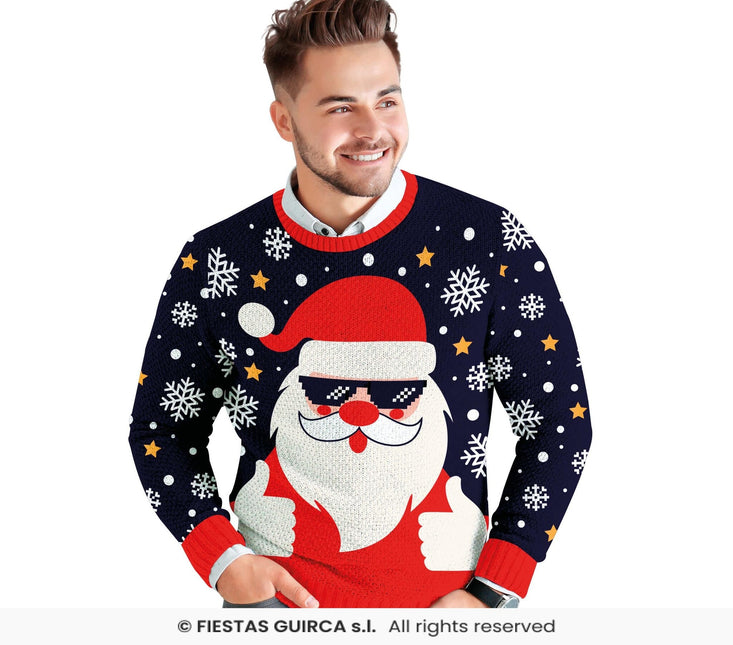 Feestbazaar Foute Kerst Sweater Cool Santa Blauw Heren