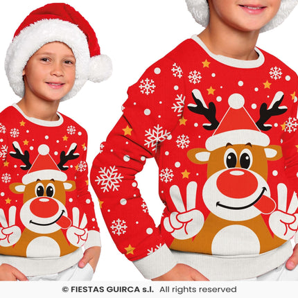 Feestbazaar Foute Kerst Sweater Crazy Rendier Rood Kind
