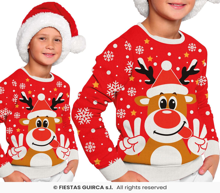 Feestbazaar Foute Kerst Sweater Crazy Rendier Rood Kind