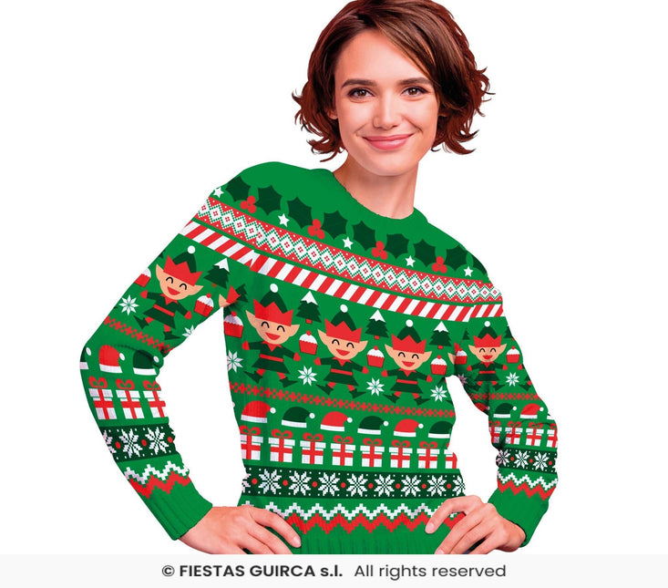 Feestbazaar Foute Kerst Sweater Elfjes Cartoon Groen Dames