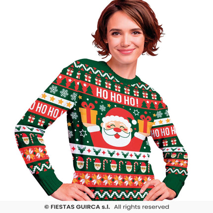 Feestbazaar Foute Kerst Sweater Ho Ho Ho! Kerstman Groen Dames