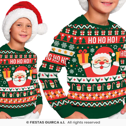Feestbazaar Foute Kerst Sweater Ho Ho Ho! Kerstman Groen Kind