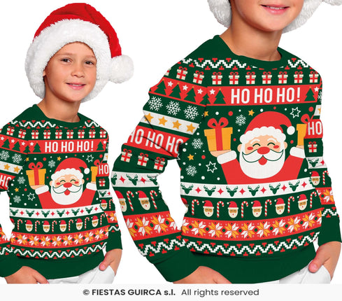 Feestbazaar Foute Kerst Sweater Ho Ho Ho! Kerstman Groen Kind