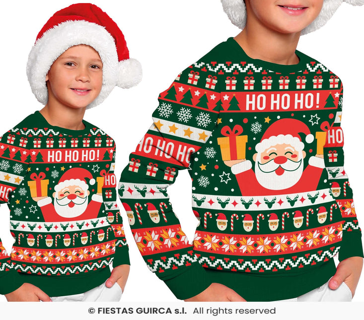 Feestbazaar Foute Kerst Sweater Ho Ho Ho! Kerstman Groen Kind