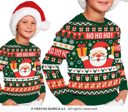 Feestbazaar Foute Kerst Sweater Ho Ho Ho! Kerstman Groen Kind